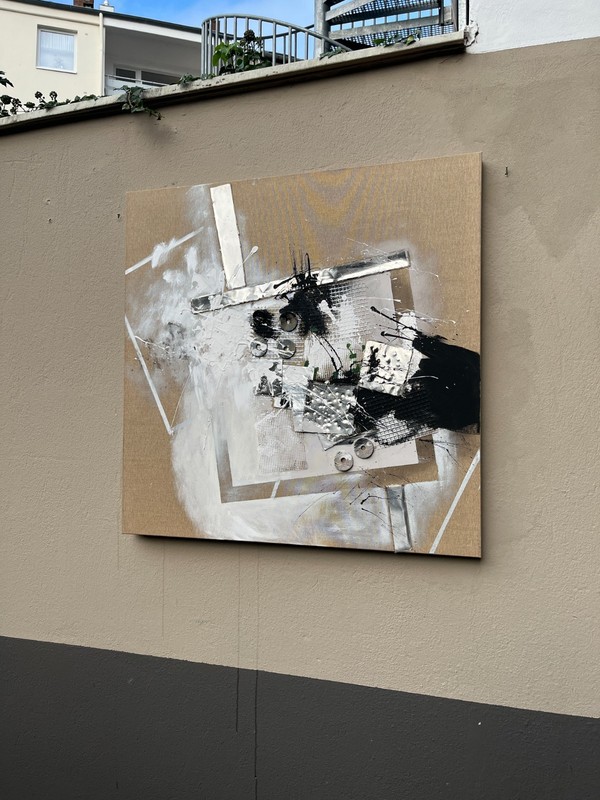 abstract acrylic picture 2 collage with metal 100x100 cm on raw canvas expressive gallery