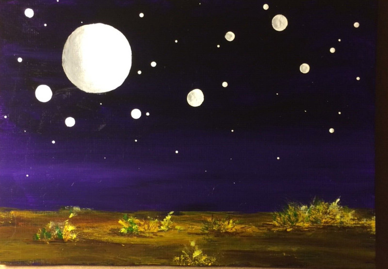 Small Original Acrylic Landscape Painting 5”x7” Mojave Desert Night Sky Moons