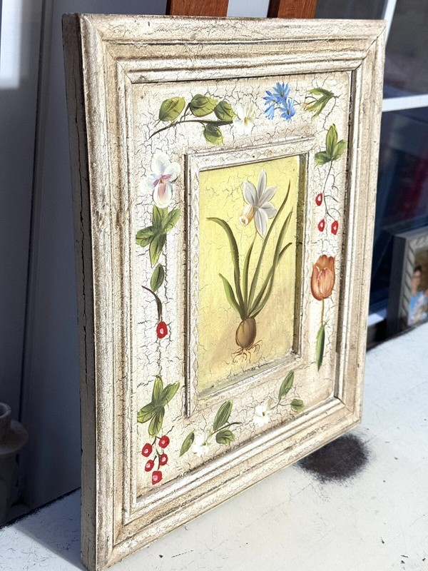 Flower Crackle Look Picture Built In Frame 13x15 Painted Cream, Green, Blue Red gallery