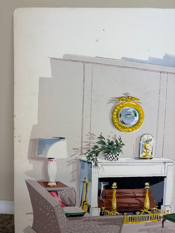 Mid Century Gouache Painting Rendering Board Signed Dick West Ad Interior Design gallery