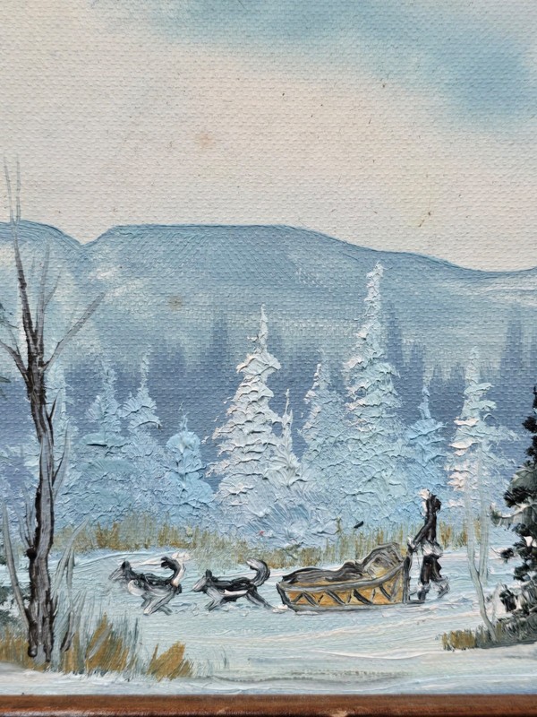 Alaska Winter Scene Painting Sleeping Lady Mt. Susitna Husky Dog Sled Team gallery