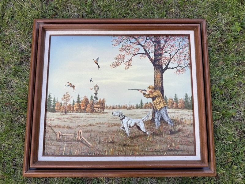 C. Carson 26×30 Man Dog Hunting Birds Quail Farm Country Framed Signed Painting