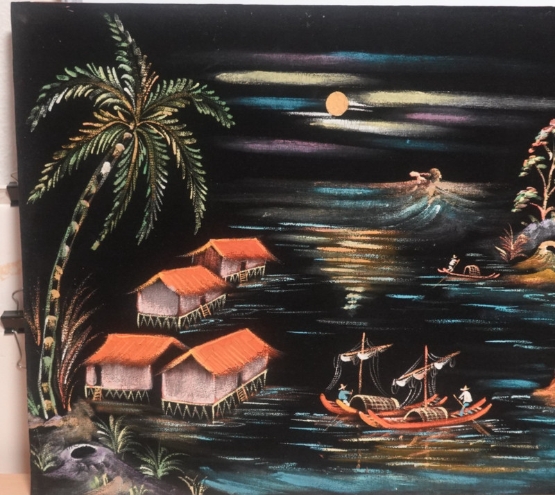 VIETNAMESE FISHERMAN VILLAGE ORIGINAL ACRYLIC ON BLACK VELVET PAINTING UNSIGNED gallery