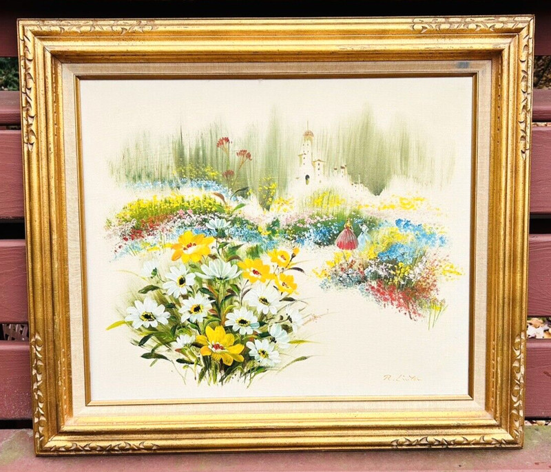 Canvas Framed Art Painting Flowers Ladies Romantic Frame 31″W x 27″H x 2 1/4″D