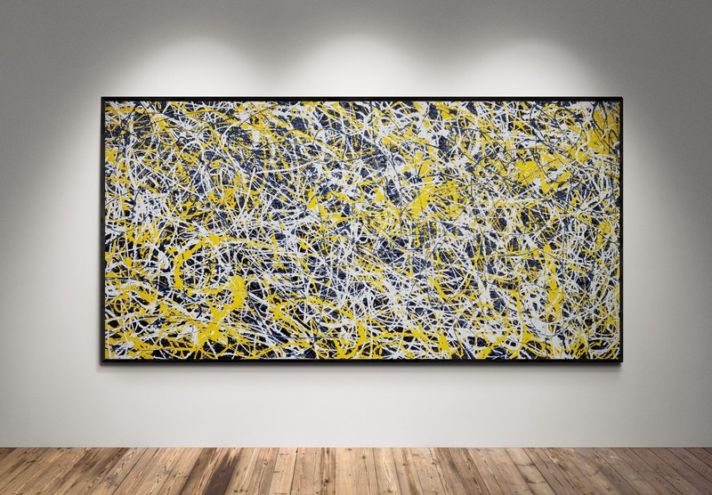XXL Jackson Pollock Style Yellow & Black Abstract Art Textured Painting 78×39 in