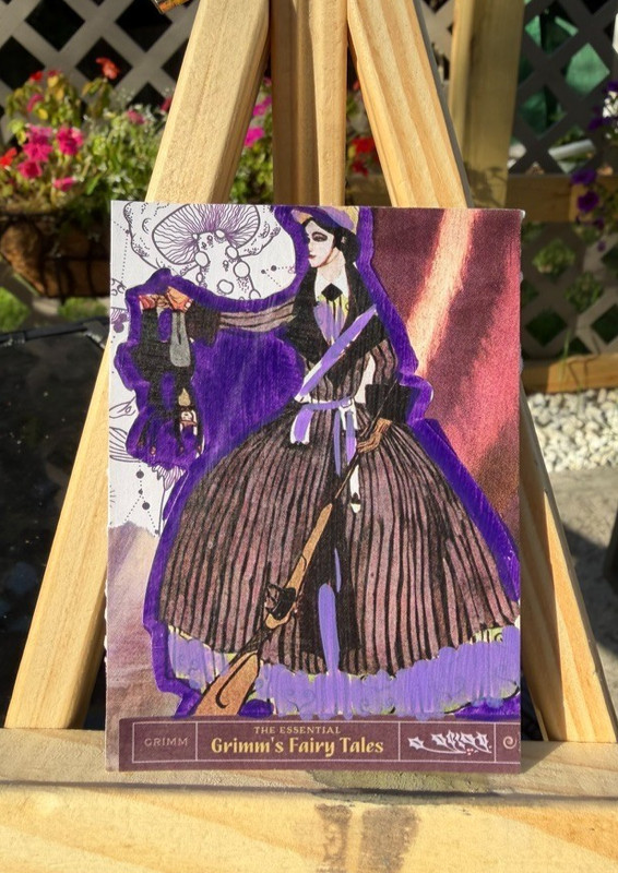 Original ACEO Mixed Media Collage Art Purple Witch Broom Grimm Series OOAK