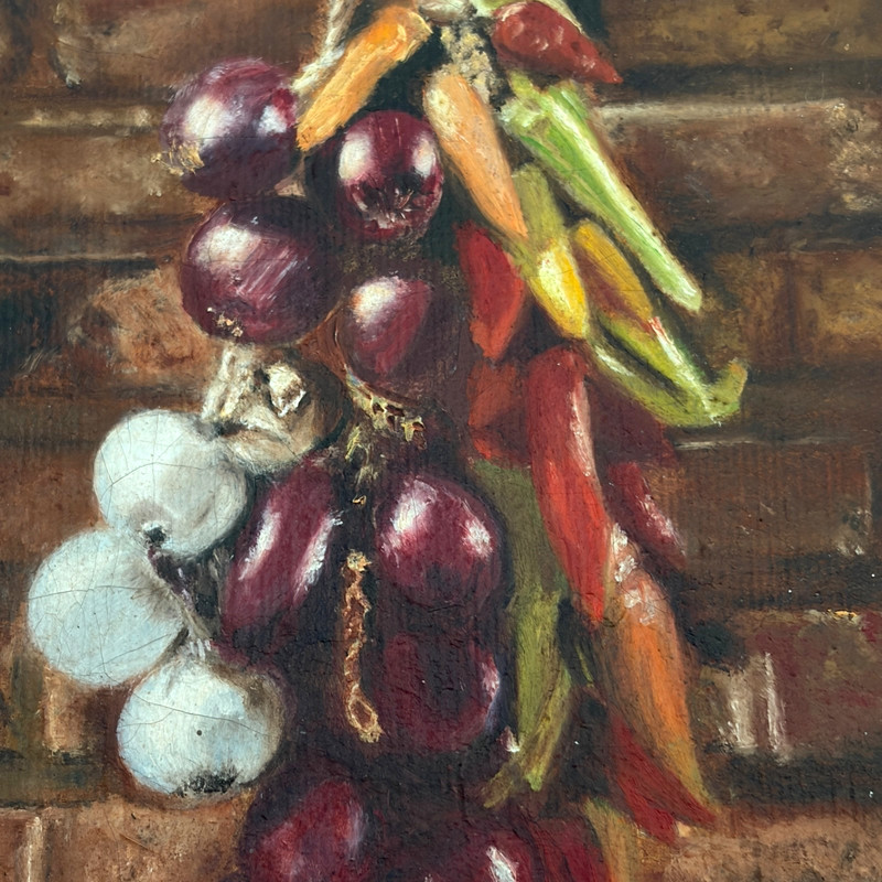 Vintage Oil Painting Still Life Vegetables Garlic Onions Peppers Signed La Grave gallery