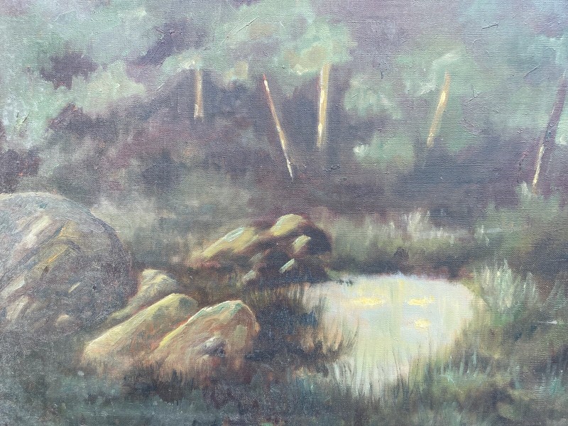 Impressionist Forest Landscape Boulders Stones Lake Trees Nature Oil Painting Antique gallery