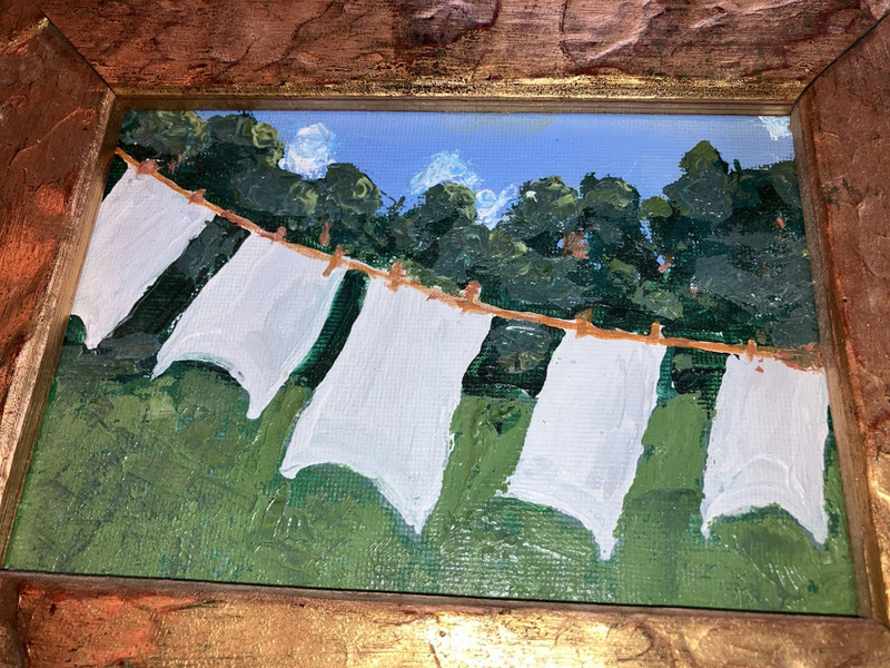 Original Signed oil painting7 x 5 in Gold Frame 91/2 x 11 1/2 Laundry Out to Dry gallery