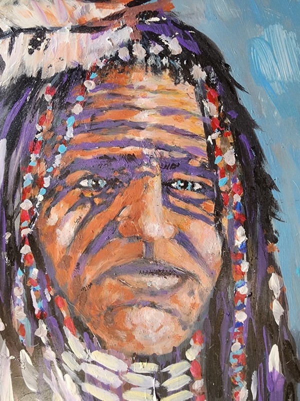 Vintage Original Oil Painting of Native American Indian Chief- Signed gallery