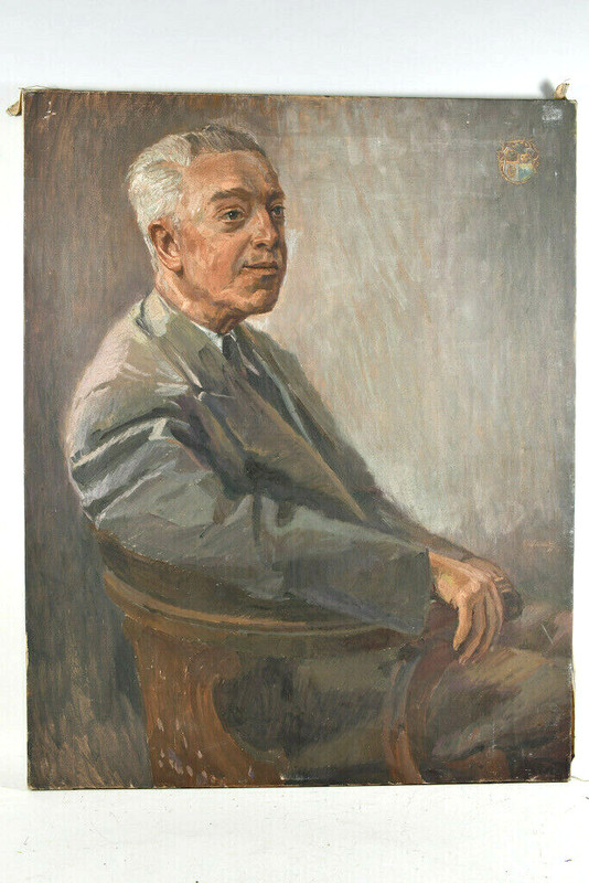 Oil Painting Undeutl. Sign. From 1957 Men’s Portrait With Family Coat Of Arms