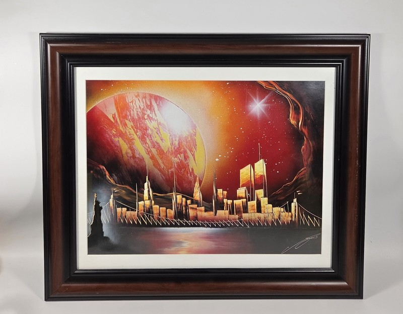 Original Signed Spray Paint Art, NYC Skyline Cityscape & Planets, Framed Modern