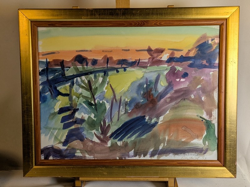 Vintage watercolor landscape painting abstract impressionist Jersey City Liberty