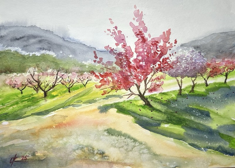 Bright Rose Tree peach blossom farm fields, home decor Original Watercolor A4 gallery