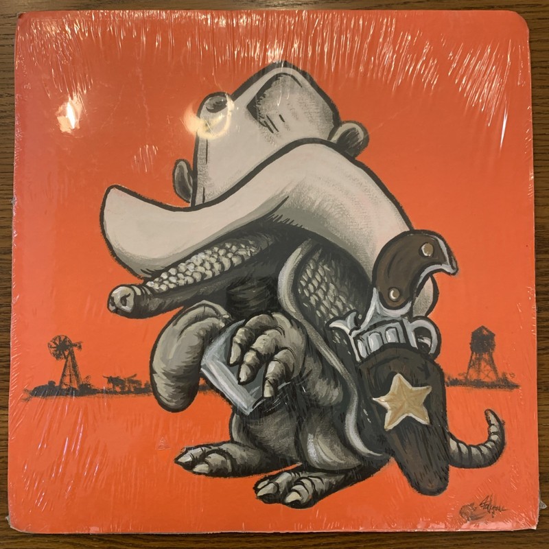 12×12 Acrylic Painting On Paper Stylized Armadillo Sheriff Cowboy Pistol Orange
