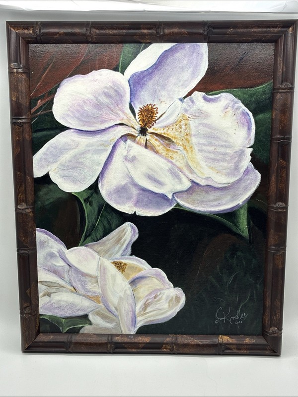 2001 Signed Framed Original Acrylic Faux Bamboo Painting Magnolia Flower Decor