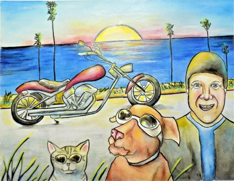 Art original painting cat dog man motorcycle on adventure paper mixed media