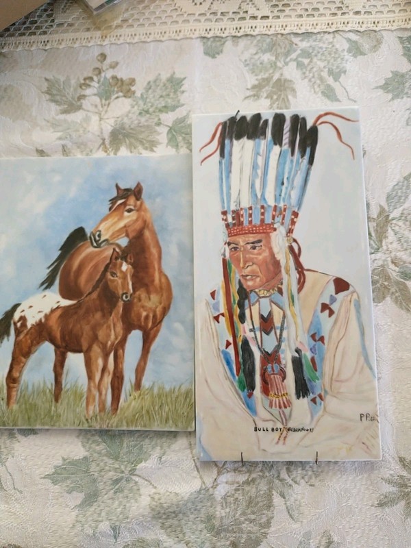 Bull Boy & Mare & Her Colt Blackfoot Pair Ceramic Tiles By Pat Pitts Signed Pp39
