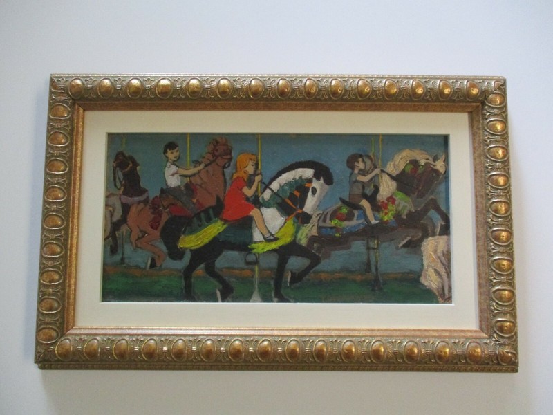 VINTAGE OIL PAINTING by Paula Algminowicz HORSE CAROUSEL FAIR CIRCUS MID CENTURY