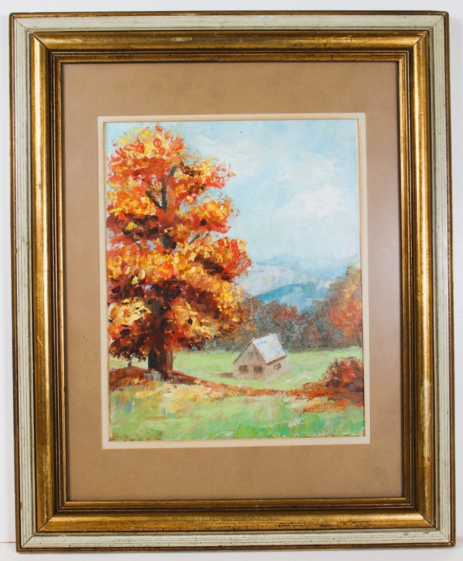 VINTAGE OIL PAINTING PANEL BOARD UNSIGNED AUTUMN LANDSCAPE W/ RURAL HOUSE FALL