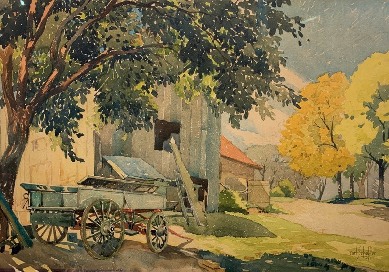 Carl Scheffler, «Farm Life», Original vintage Water Color 1943