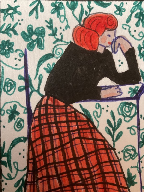 ACEO watercolor art by PJ, art card 2.5 x 3.5: lady, her colors.