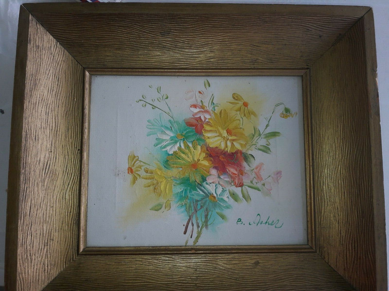 Painting Oil or acrylic of Flowers in a 60’s frame, 12.5»Hw15»Lx2.5»D,