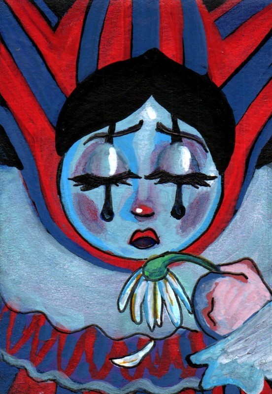 ACEO Original Acrylic Sad Blue Clown Portrait 2.5″ x 3.75″