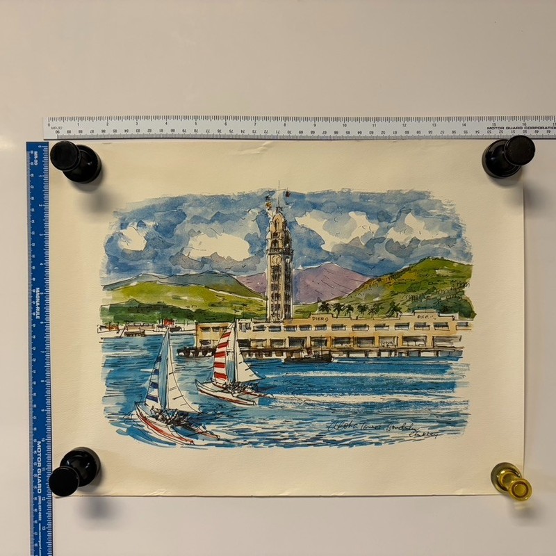 Hawaiian Watercolor Print Aloha Tower Honolulu Harbor 12″ x 16″ Souvenir Poster