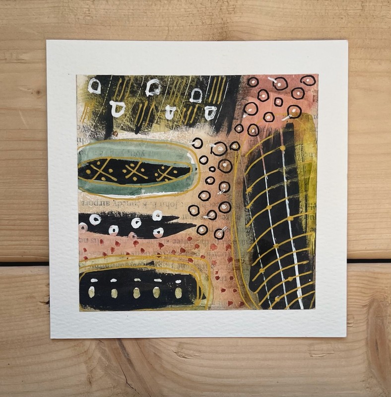 Warm Summery Primitive Abstract Mini Wall Art Tribal Watercolor 5”x5” Original