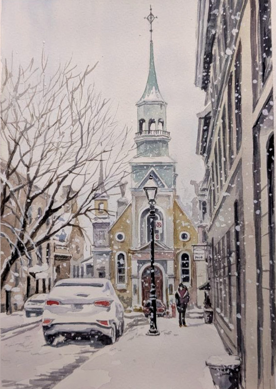 Urban Winter City Street Watercolor Painting Snowy Montreal Quebec Original Art