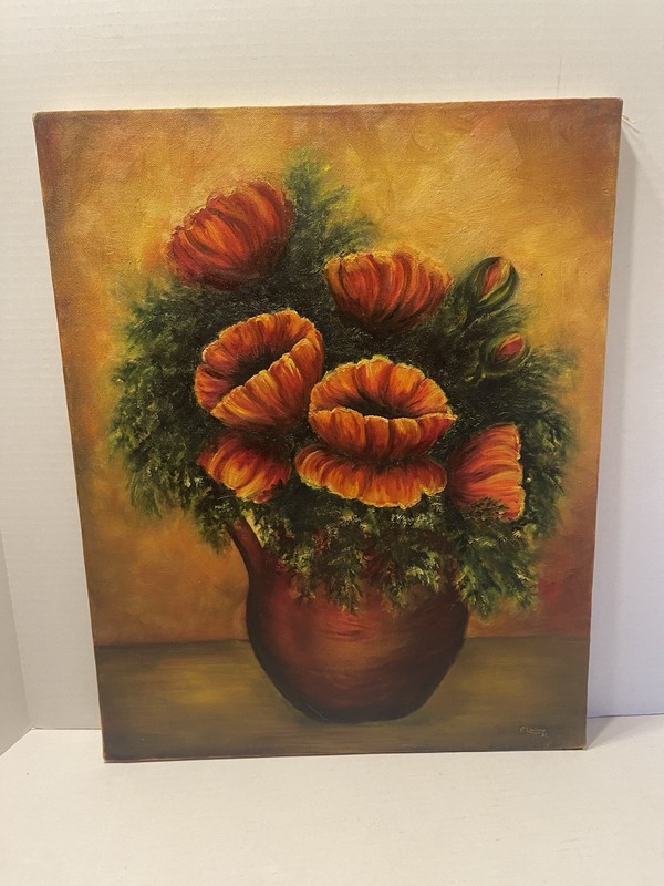 1982 Oil Painting Still Life Summer Flower Bouquet Canvas 20×16 Signed E. LINDOW