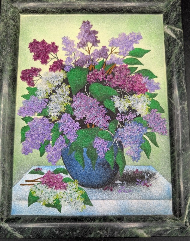 Russian Gem Crystals Painting Picture Flower Bouquet Framed Marble Slab 9.25"x7" gallery