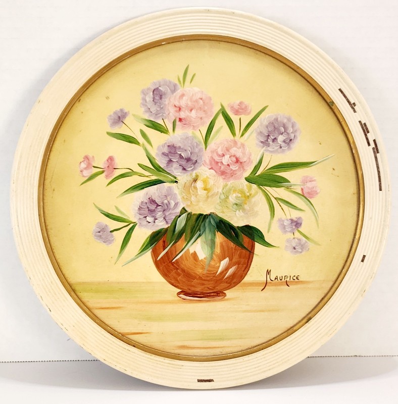 VTG Round Hand Painted Spring Flowers on Board Wall Hanging Pink Framed 11.5" gallery