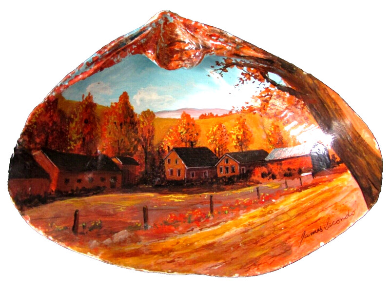 Miniature Country Homestead Landscape Painting Seashell Signed James Secondo VTG