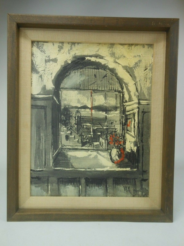 Painting Mid Century Spanish Arches Signed Van 601-491 Acrylic on Canvas 14 X 11