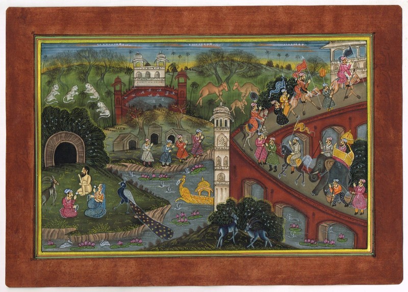 Indian Mughal Style Miniature Court Procession, Animals & Landscape Hand Painted