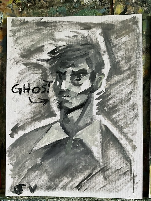 Modern Blck N White Cubism Portrait 12×16 Org Oil Painting On Canvas Ghost