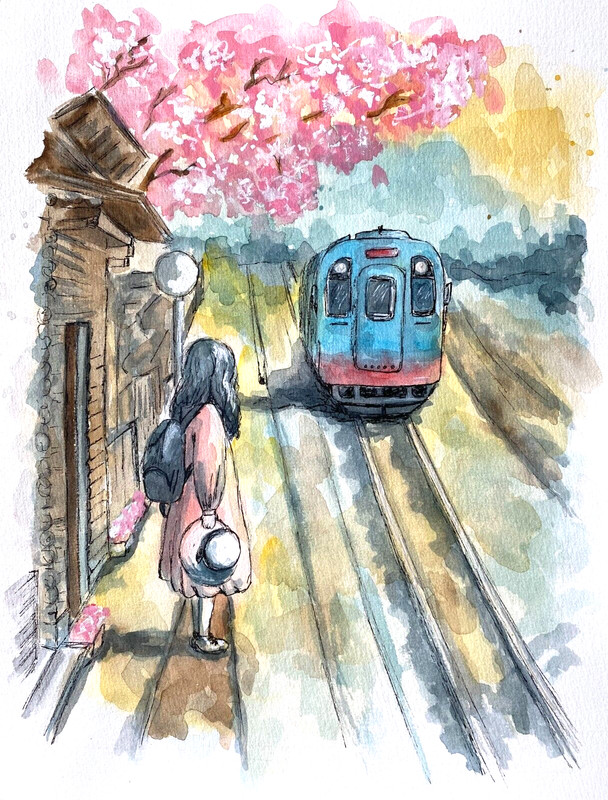 Japan Girl Painting Japan Original Watercolor Art Train Wall Art Landscape Art
