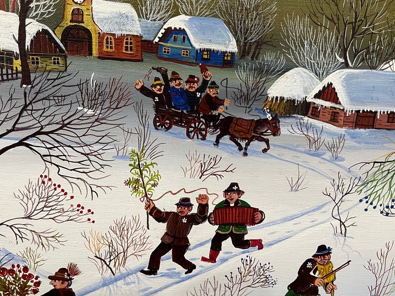 Vintage Hungarian Artist Kowalski Signed Oil Painting Winter Village Scene gallery