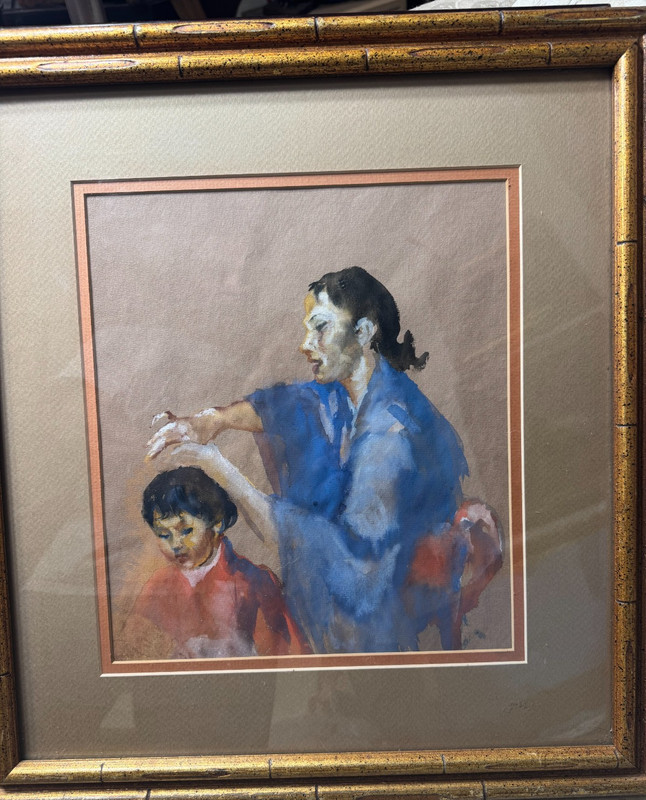 Vintage «Asian Mother And Daughter Scene» Mixed Media Painting – Signed/Framed
