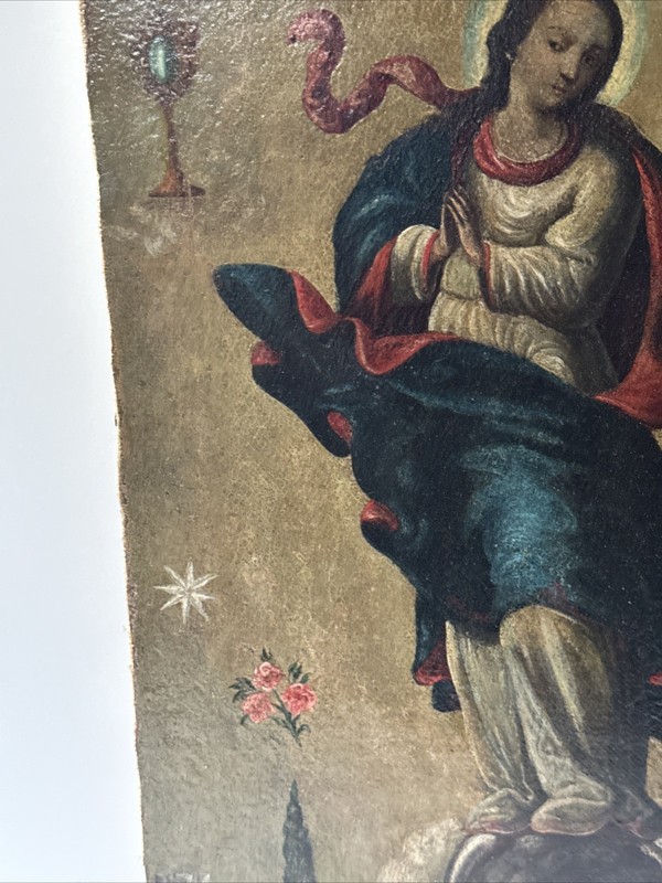 ANTIQUE MADONNA PAINTING ICON ICONIC RELIC 18TH TO 19TH CENTURY SMILING SUN OIL gallery