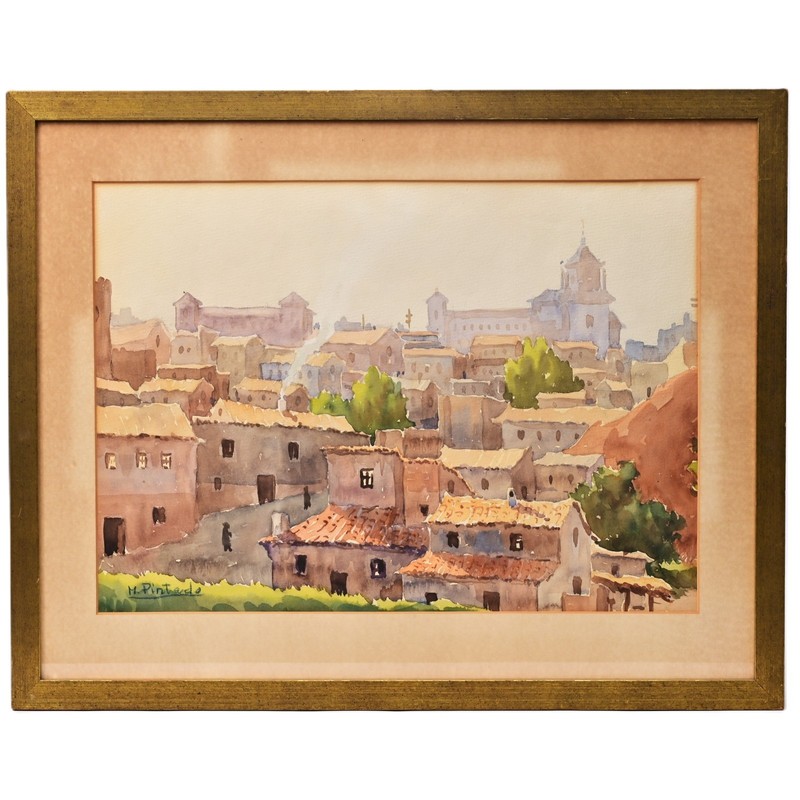 PINTADO Original Vintage Signed European Town Cityscape Watercolor Painting
