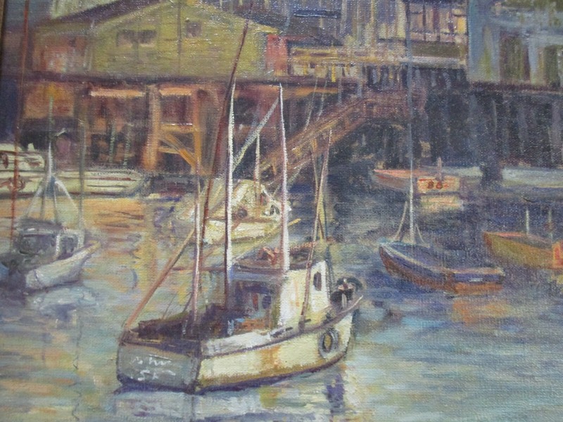BEVERLY SIGNED PAINTING AMERICAN INDUSTRIAL COASTAL HARBOR MARINA FISHING PORT gallery