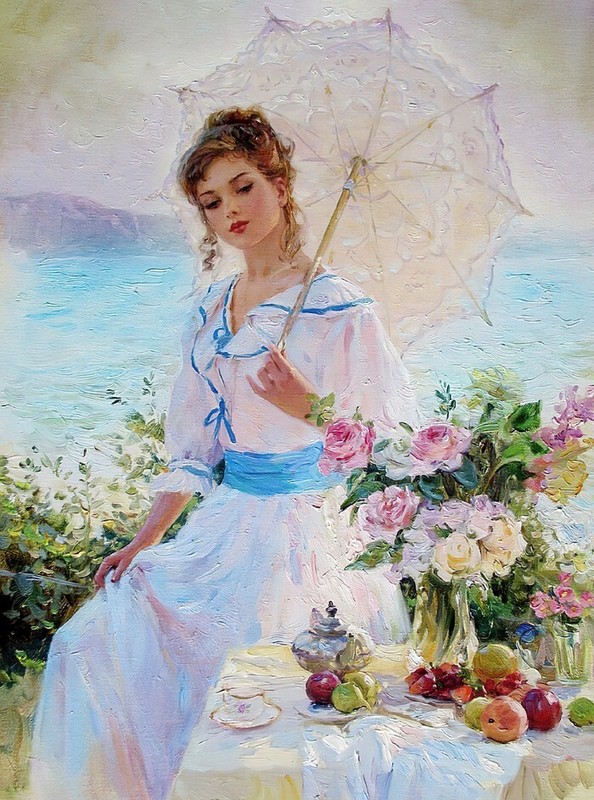 Sea girl with umbrella Oil Painting Giclee canvas print on canvas L3649