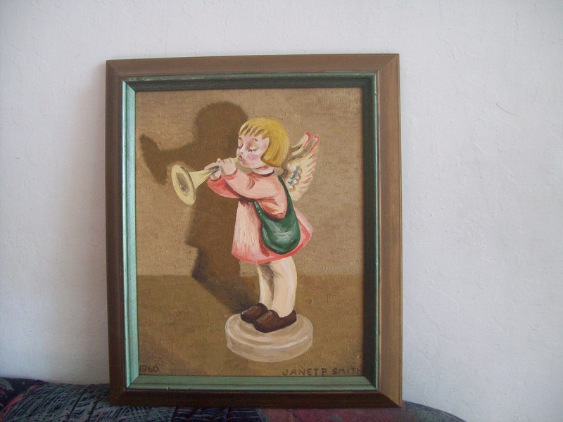 VINTAGE OIL PAINTING ON CARDBOARD -YOUNG ANGEL PLAYING TRUMPET