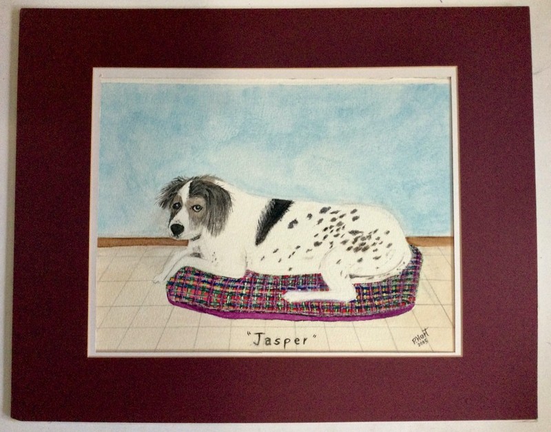 P. Hart – Original Watercolor Painting of «Jasper» Lovely Dog on Colorful Mat