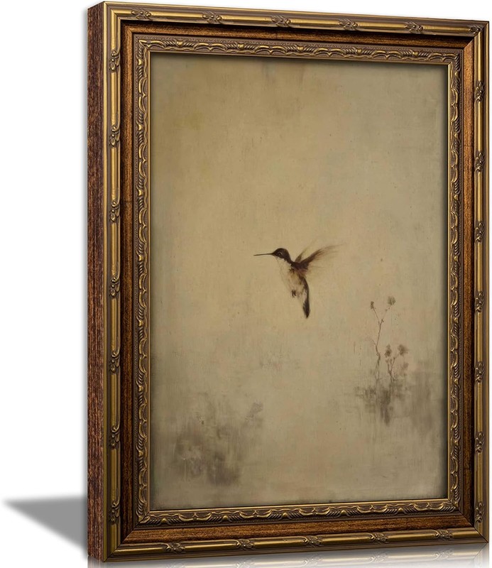 Vintage Gold Framed Hummingbird Wall art, Antique Flying Bird Oil Painting Ca…