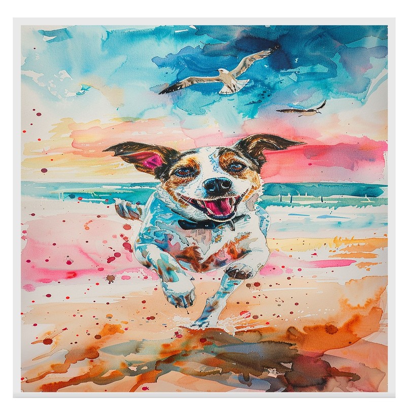 Watercolor Dog Running on Beach with Colorful Sky and Seagulls Pet Wall Art gallery