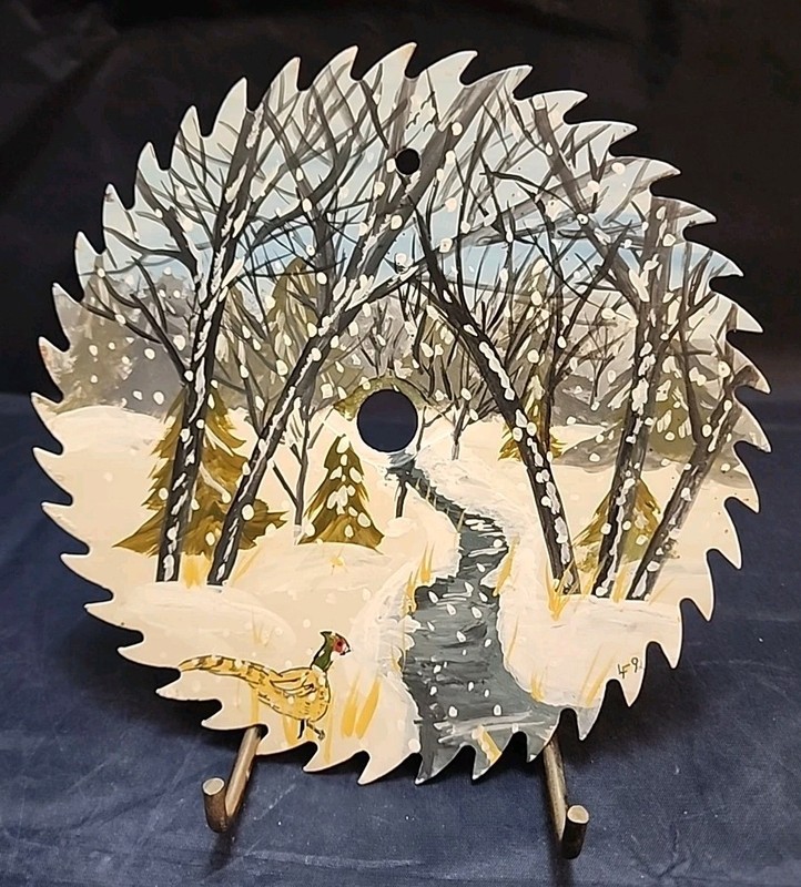 Handpainted WInter Woods Rural Scene Artist Signed Circular Saw Blade Folkart